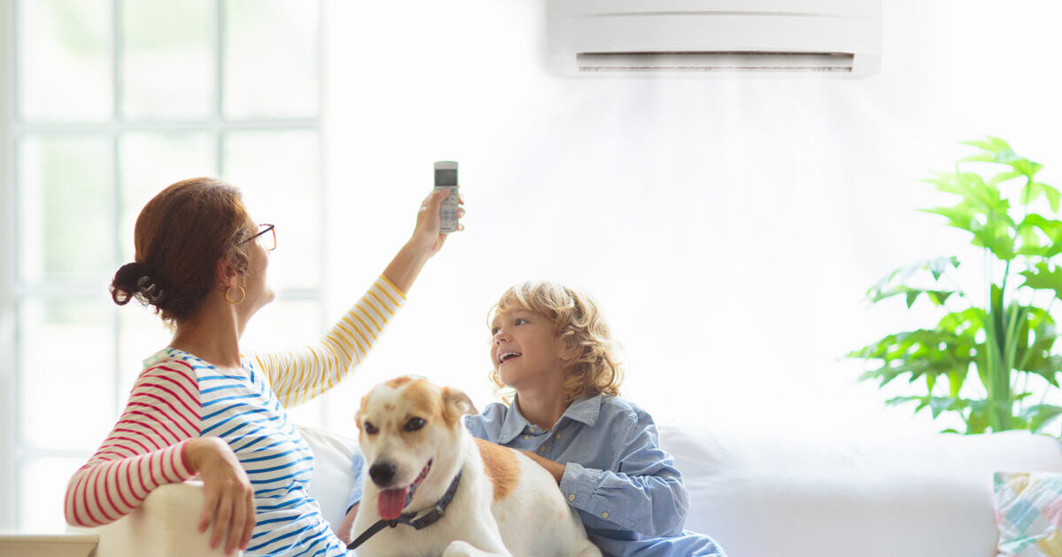 woman sitting on sofa with child and dog with remote in her hand and air conditioning unit above their heads